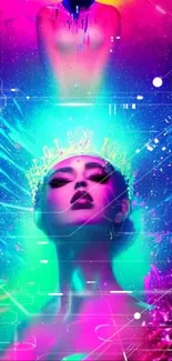 Neon fantasy art wallpaper with an ethereal figure and vibrant colors.