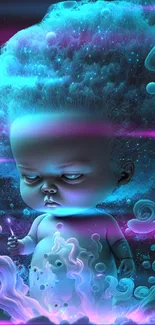 Neon fantasy baby art with glowing colors on mobile wallpaper.