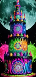 Vibrant neon fantasy cake with a moonlit backdrop, perfect for mobile wallpaper.