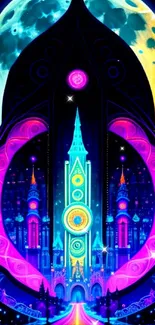 Vibrant neon castle and celestial moon in fantasy landscape wallpaper.