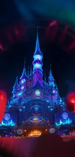 Neon fantasy castle glowing with vibrant colors.