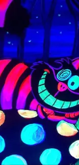 Neon fantasy cat with glowing colors on whimsical background.