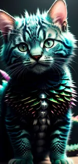 A neon fantasy cat with colorful, glowing accents against a dark background.