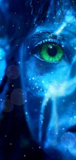 Vibrant blue fantasy scene with striking green eye glow.