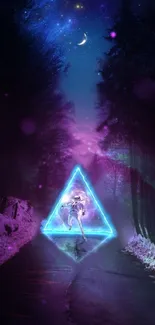 Neon-lit forest scene with glowing triangle and cosmic sky.