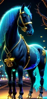 Neon blue horse with glowing mane on a city street at night, radiating magical charm.