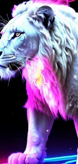 Neon white lion with vibrant pink and blue hues on a dark background.