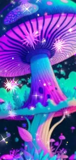 Vibrant neon mushroom with cosmic background in purple and teal hues.