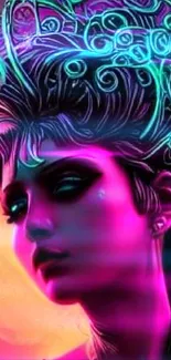 Vibrant neon fantasy portrait wallpaper for mobile screen.