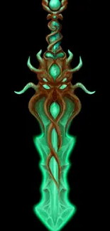 Intricately designed neon turquoise sword on black background.