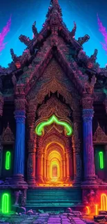 Neon fantasy temple artwork with vibrant colors and intricate design.