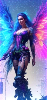 Vibrant fantasy warrior with neon wings in a futuristic setting.