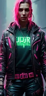 Person in neon pink cyberpunk attire in a futuristic city setting.