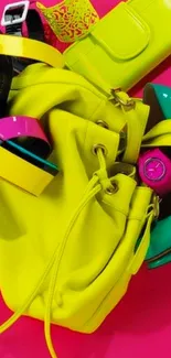 Neon fashion accessories on bright pink background wallpaper.