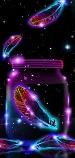 Neon feathers in a jar with cosmic background.