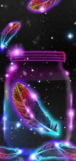 Neon feathers floating in a jar against a starry galaxy background.