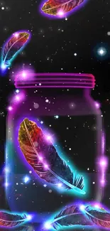 Neon feather jar with cosmic background, glowing colors.