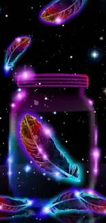 Neon feathers float in space over a jar with a galaxy backdrop.