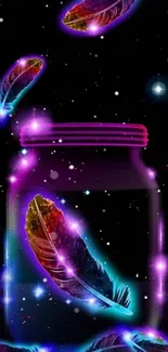 Vibrant neon feathers floating in a starry galaxy with a glowing jar.