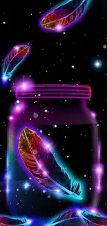 Neon feathers in a jar on a starry black background.