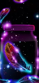 Neon feathers in a jar with cosmic background.