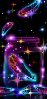 Neon feathers in a cosmic jar wallpaper.