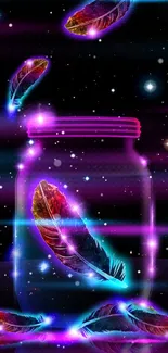 Neon feathers floating in a cosmic galaxy scene with a glowing jar.