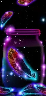 Colorful neon feathers floating around a cosmic jar in the night sky.