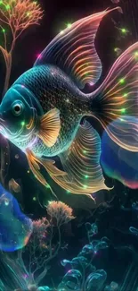 Neon-colored fish swimming in a mystical underwater scene.