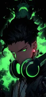 Anime character with neon green flames and headphones in a dark theme setting.