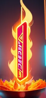 Vibrant neon flaming sign wallpaper with orange and red glow.