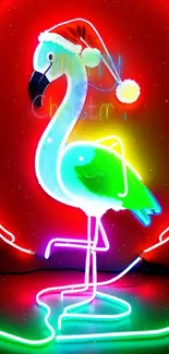 Neon flamingo wearing a Santa hat with vibrant holiday colors.