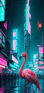 Vibrant neon cityscape with a central flamingo under glowing urban lights.