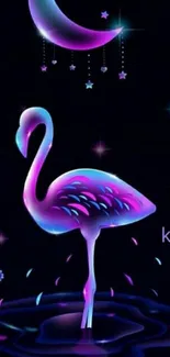 Neon pink and purple flamingo under a starlit moon in a fantasy night scene.