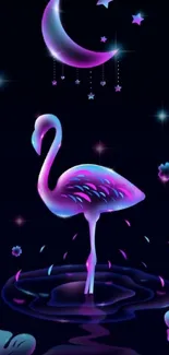 Neon flamingo under crescent moon and stars.