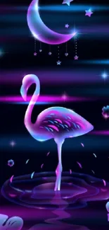 Neon flamingo on a dark night background with crescent moon and stars.