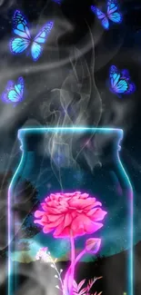 Neon butterflies and pink flower in jar on starry night wallpaper.