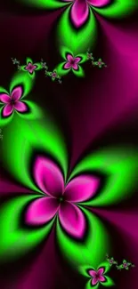 Vibrant neon floral abstract wallpaper in pink and green hues.