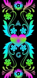 Vibrant neon floral design on a black background.