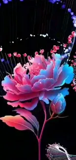 Neon flower with pink and blue hues on a dark background art wallpaper.