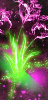 Vibrant neon floral wallpaper with glowing pink and green hues.