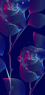 Neon roses and leaves on a dark blue background, perfect for modern phone aesthetic.