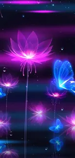 Neon pink flowers with blue butterfly on dark background.