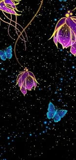 Neon flowers and butterflies on a dark background.