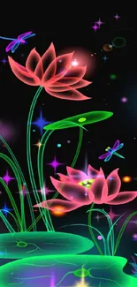 Neon flowers and dragonflies wallpaper, dark background.