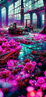 Neon floral dungeon with pink roses.