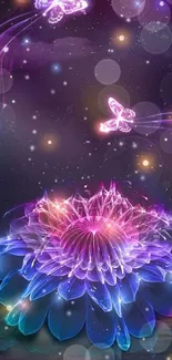 Neon flower and butterflies glowing in a fantasy night sky.