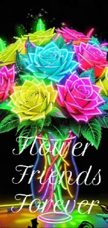 Neon floral wallpaper with colorful roses and a friendship message.