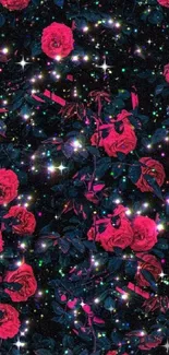 Neon roses and galaxy stars on a black background create a cosmic floral wallpaper.