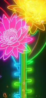 Vibrant neon flowers with pink and yellow glow on a dark mobile wallpaper.